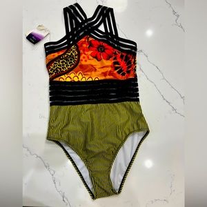 Averie recycled materials swim suit in warm reds and yellows size medium